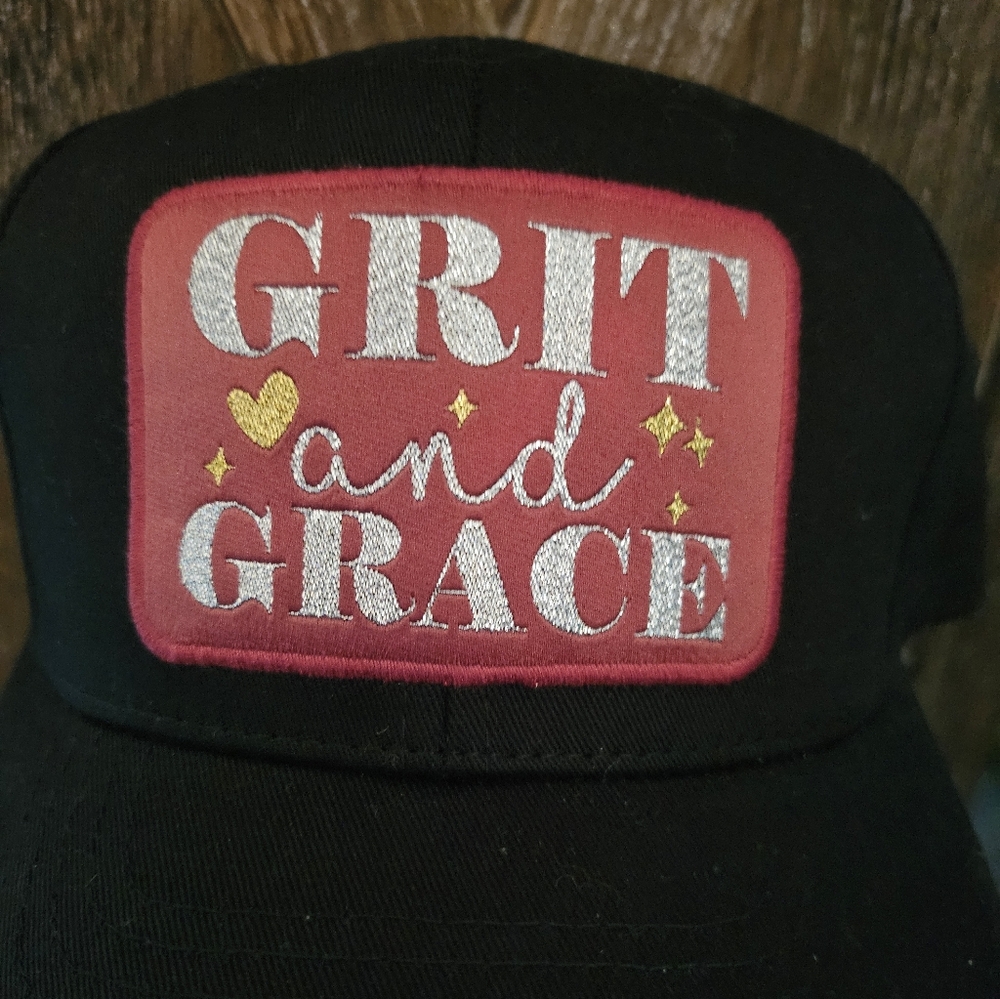 NWT Black Cowgirl Grit and Grace Themed Trucker Cap with Fun Embroidery